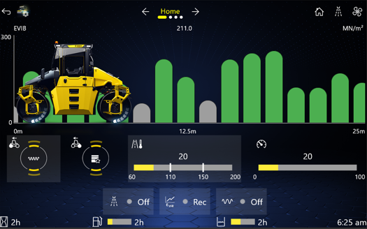 BOMAG operator interface with road roller graphic, compaction chart and machine controls