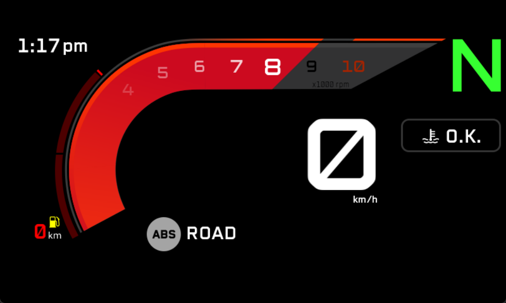 Main layer in isolation, tachometer ramp, gear indicator, speed and ride data, with the telltale strip and bottom bar absent
