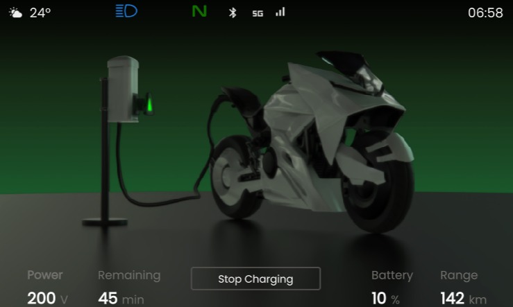 Eclipse EV motorcycle cluster, charging state with power, range and battery display
